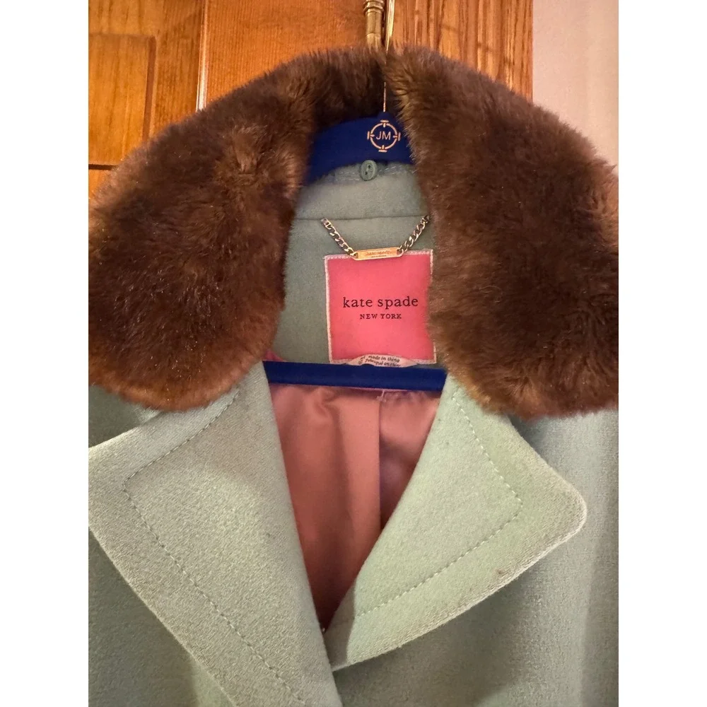 Kate Spade New York Seafoam Green Wool Blend Faux Fur Collar Coat XL K29775B - Picture 6 of 14